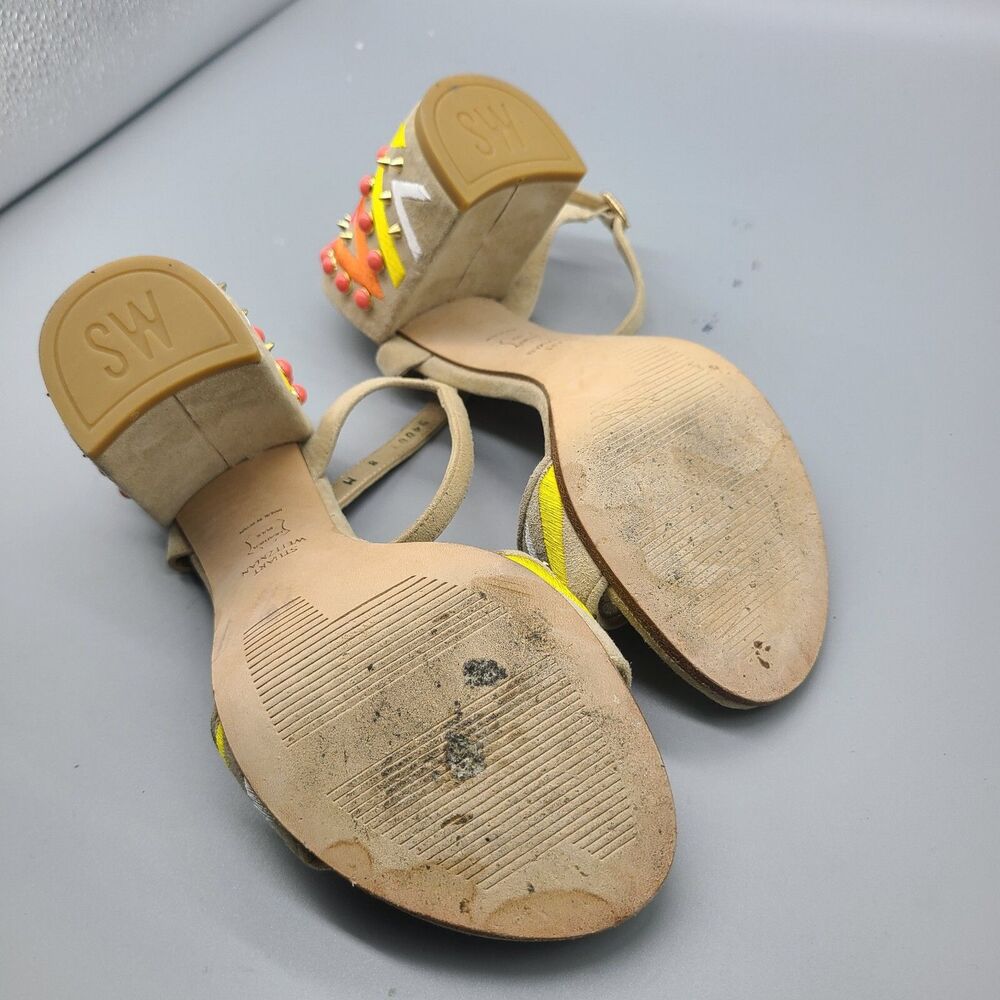Stuart Weitzman Both Sandal chunky Heel Ankle Straps beige embellished Sz 8 - Picture 9 of 9